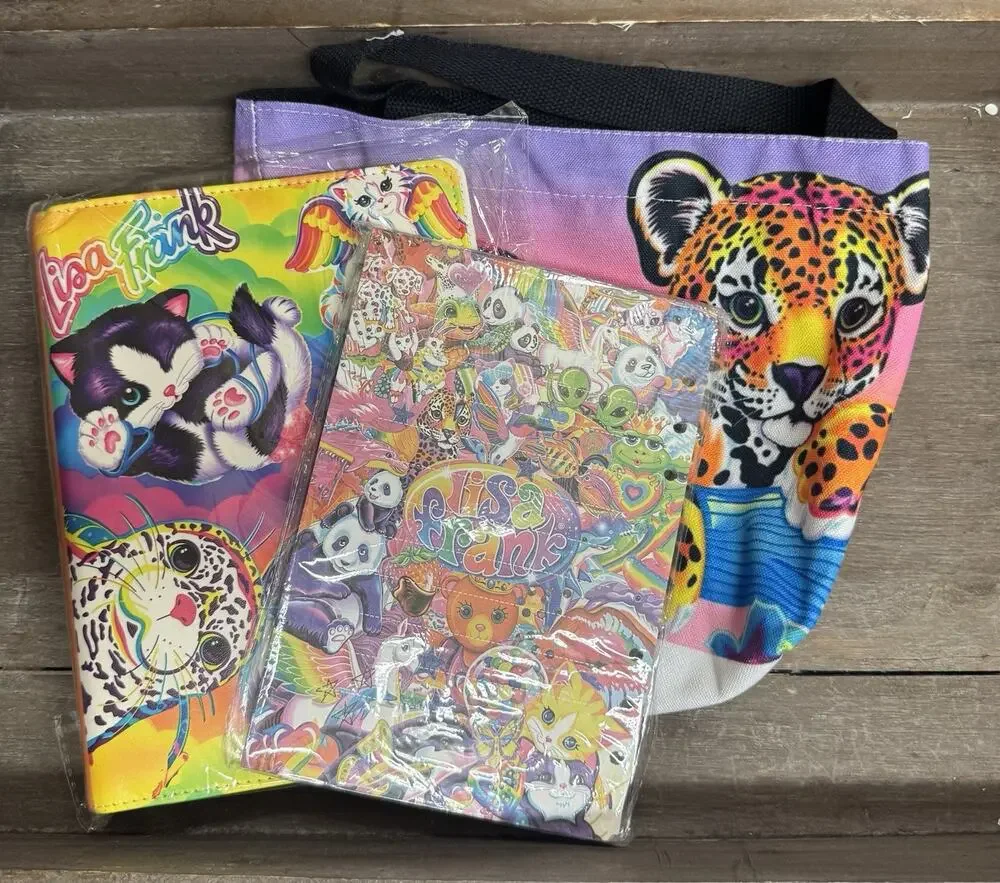 Lisa Frank A5 binder with matching printed paper and Mini canvas tote bag Bundle